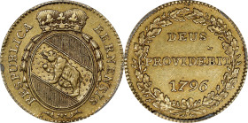 SWITZERLAND. Bern. Duplone, 1796. PCGS AU-53.
Fr-182; KM-152. This charming Swiss issue delivers tremendous details and a soft shimmering luster, wit...