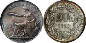 SWITZERLAND. 2 Francs, 1850-A. Paris Mint. PCGS MS-65.
KM-10; HMZ-21202A. Surpassed in the PCGS census by just six examples, this resounding Gem pres...