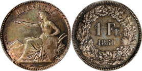 SWITZERLAND. Franc, 1850-A. Paris Mint. PCGS MS-66.
KM-9. Extremely attractive and iridescent, this Gem minor presents seemingly an endless level of ...