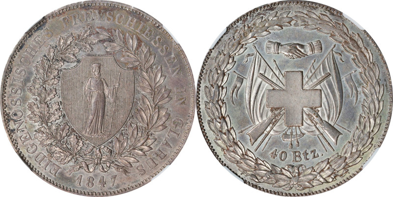 SWITZERLAND. Glarus Shooting Festival 40 Batzen, 1847. NGC AU-58.
Dav-373; KM-2...