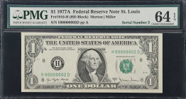 Fr. 1910-H. 1977A $1 Federal Reserve Note. St. Louis. PMG Choice Uncirculated 64 EPQ. Low Serial Number.
Throughout most of the past two decades we s...