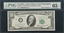 Fr. 2017-C. 1963A $10 Federal Reserve Note. Philadelphia. PMG Gem Uncirculated 65 EPQ. Low Serial Number.
Starting with the 1981 series and continuin...