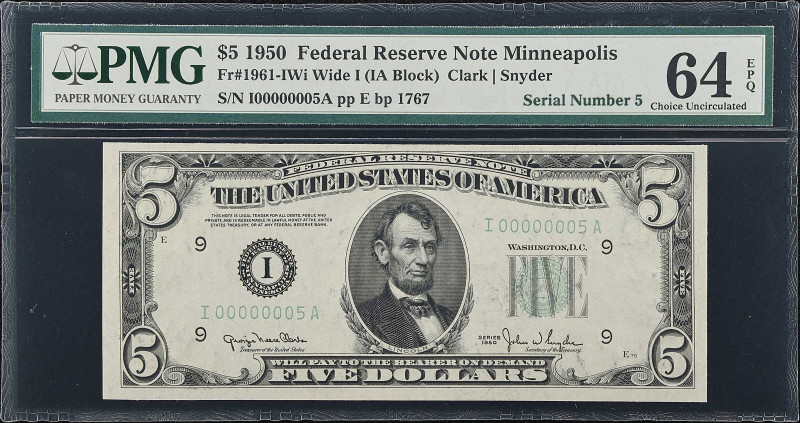 Fr. 1961-IWi. 1950 $5 Federal Reserve Note. Minneapolis. PMG Choice Uncirculated...