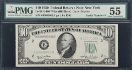 Fr. 2010-BW. 1950 $10 Federal Reserve Note. New York. PMG About Uncirculated 55. Low Serial Number.
Notes with the prefix-suffix matching serial numb...