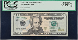 Fr. 2091-A*. 2004A $20 Federal Reserve Star Note. PCGS Currency Gem New 65 PPQ. Low Serial Number.
The ideal piece to add to one's assembly of a $1- ...