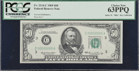 Fr. 2114-C. 1969 $50 Federal Reserve Note. Philadelphia. PCGS Currency Choice New 63 PPQ. Low Serial Number.
$50 1969 Federal Reserve Note with the E...