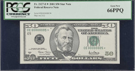 Fr. 2127-E*. 2001 $50 Federal Reserve Star Note. PCGS Currency Gem New 66 PPQ. Low Serial Number.
This note is Serial #5 STAR on the #5 district on a...