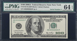 Fr. 2182-B. 2006A $100 Federal Reserve Note. New York. PMG Choice Uncirculated 64 EPQ. Low Serial Number.
This note was taken from the #1 pack of ser...