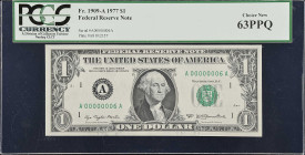 Fr. 1909-A. 1977 $1 Federal Reserve Note. Boston. PCGS Currency Choice New 63 PPQ. Low Serial Number.
This is the first note in a group that follows,...