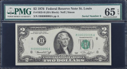 Fr. 1935-H. 1976 $2 Federal Reserve Note. St. Louis. PMG Gem Uncirculated 65 EPQ. Low Serial Number.
Of the $2 1976 FRNs printed on the H district……....