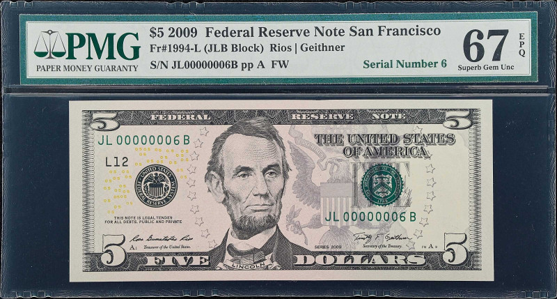 Fr. 1994-L. 2009 $5 Federal Reserve Note. San Francisco. PMG Superb Gem Uncircul...