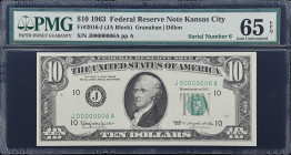 Fr. 2016-J. 1963 $10 Federal Reserve Note. Kansas City. PMG Gem Uncirculated 65 EPQ. Low Serial Number.
This and the next note make a terrific matche...
