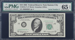 Fr. 2016-J*. 1963 $10 Federal Reserve Star Note. Kansas City. PMG Gem Uncirculated 65 EPQ. Low Serial Number.
This and the previous note make a terri...