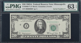 Fr. 2066-I*. 1963A $20 Federal Reserve Star Note. Minneapolis. PMG Choice Uncirculated 63 EPQ. Low Serial Number.
A wonderful note that is printed on...