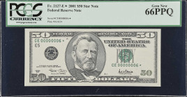 Fr. 2127-E*. 2001 $50 Federal Reserve Star Note. Richmond. PCGS Currency Gem New 66 PPQ. Low Serial Number.
The Friedberg Paper Money of the United S...