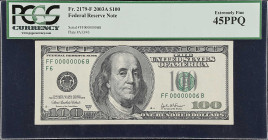 Fr. 2179-F. 2003A $100 Federal Reserve Note. Atlanta. PCGS Currency Extremely Fine 45 PPQ. Low Serial Number.
The author of this catalog has been cha...