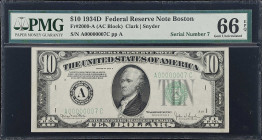 Fr. 2009-A. 1934D $10 Federal Reserve Note. Boston. PMG Gem Uncirculated 66 EPQ. Low Serial Number.
This single digit Gem note comes from a series th...