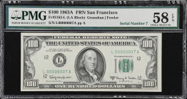 Fr. 2163-L. 1963A $100 Federal Reserve Note. San Francisco. PMG Choice About Uncirculated 58 EPQ. Low Serial Number.
This single digit Gem note comes...