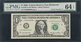 Fr. 1932-E. 2006 $1 Federal Reserve Note. Richmond. PMG Choice Uncirculated 64 EPQ. Low Serial Number.
The demand for all notes containing zeros and ...