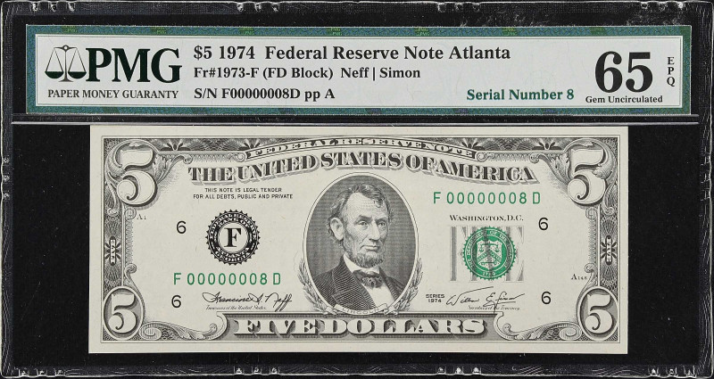 Fr. 1973-F. 1974 $5 Federal Reserve Note. Atlanta. PMG Gem Uncirculated 65 EPQ. ...