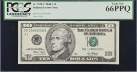 Fr. 2035-C. 2001 $10 Federal Reserve Note. Philadelphia. PCGS Currency Gem New 66 PPQ. Low Serial Number.
This note was sold in an auction in 2022 at...