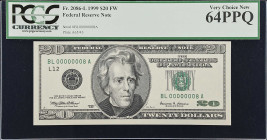Fr. 2086-L. 1999 $20 Federal Reserve Note. San Francisco. PCGS Currency Very Choice New 64 PPQ. Low Serial Number.
We can find no record of this note...