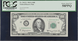 Fr. 2163-L. 1963A $100 Federal Reserve Note. San Francisco. PCGS Currency Choice About New 58 PPQ. Low Serial Number.
Notice that the block letters o...