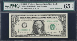 Fr. 1934-B. 2009 $1 Federal Reserve Note. New York. PMG Gem Uncirculated 65 EPQ. Low Serial Number.
Matched Block Letters like B-B always bring out t...