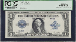 Fr. 237. 1923 $1 Silver Certificate. PCGS Currency Gem New 65 PPQ. Low Serial Number.
This note and the next two lots enable one successful bidder to...