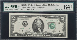 Fr. 1935-C. 1976 $2 Federal Reserve Note. Philadelphia. PMG Choice Uncirculated 64 EPQ. Solid Serial Number.
We are aware of only 14 solid serial num...