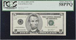 Fr. 1991-L. 2003A $5 Federal Reserve Note. San Francisco. PCGS Currency Very Choice New 58 PPQ. Solid Serial Number.
As with so many 58PPQ notes grad...