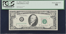 Fr. 2024-A. 1977A $10 Federal Reserve Note. Boston. PCGS Currency Choice About New 58. Solid Serial Number.
Solid 1's on the #1 District on a small h...