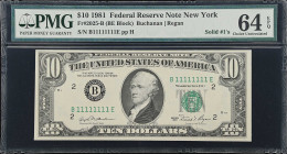 Fr. 2025-B. 1981 $10 Federal Reserve Note. New York. PMG Choice Uncirculated 64 EPQ. Solid Serial Number.
This note has exchanged hands several times...