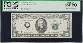 Fr. 2072-D. 1977 $20 Federal Reserve Note. Cleveland. PCGS Currency Gem New 65 PPQ. Solid Serial Number.
Take a close look at this note and then look...
