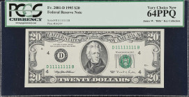 Fr. 2081-D. 1995 $20 Federal Reserve Note. Cleveland. PCGS Currency Very Choice New 64 PPQ. Solid Serial Number.
Take a close look at this note and t...