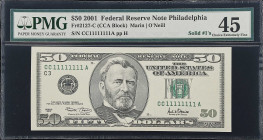 Fr. 2127-C. 2001 $50 Federal Reserve Note. Philadelphia. PMG Choice Extremely Fine 45. Solid Serial Number.
When attempting to complete of full denom...