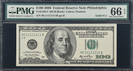 Fr. 2180-C. 2006 $100 Federal Reserve Note. Philadelphia. PMG Gem Uncirculated 66 EPQ. Solid Serial Number.
This note last sold in Lyn Knight's 06-03...