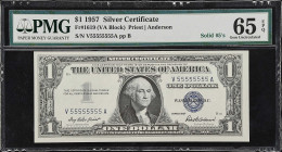 Fr. 1619. 1957 $1 Silver Certificate. PMG Gem Uncirculated 65 EPQ. Solid Serial Number.
This note was last sold by Heritage as lot 20707 @ $1680 on 0...
