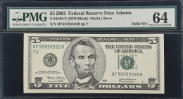 Fr. 1989-F. 2003 $5 Federal Reserve Note. Atlanta. PMG Choice Uncirculated 64. Solid Serial Number.
Collectors can't get enough solid 5's on a five…....