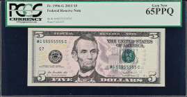 Fr. 1996-G. 2013 $5 Federal Reserve Note. Chicago. PCGS Currency Gem New 65 PPQ. Solid Serial Number.
This is a terrific note that bears solid serial...