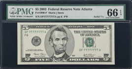 Fr. 1990-F. 2003 $5 Federal Reserve Note. Atlanta. PMG Gem Uncirculated 66 EPQ. Solid Serial Number.
This gorgeous non-colorized, Big Head banknote, ...