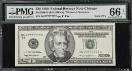 Fr. 2086-G. 1999 $20 Federal Reserve Note. Chicago. PMG Gem Uncirculated 66 EPQ. Solid Serial Number.
This beautiful small head $20 FRN note with sol...