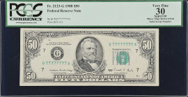 Fr. 2123-G. 1988 $50 Federal Reserve Note. Chicago. PCGS Currency Very Fine 30 Apparent. Minor Edge Restoration. Solid Serial Number.
This note faces...