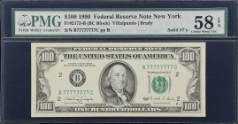 Fr. 2173-B. 1990 $100 Federal Reserve Note. New York. PMG Choice About Uncirculated 58 EPQ. Solid Serial Number.
Is this a very rare note? Just look ...