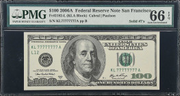 Fr. 2182-L. 2006A $100 Federal Reserve Note. San Francisco. PMG Gem Uncirculated 66 EPQ. Solid Serial Number.
This wonderous note was last sold by Ly...