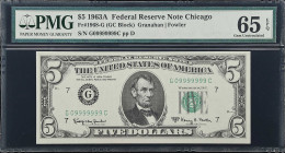 Fr. 1968-G. 1963A $5 Federal Reserve Note. Chicago. PMG Gem Uncirculated 65 EPQ. Fancy Serial Number.
It is quite common that the last two notes of t...