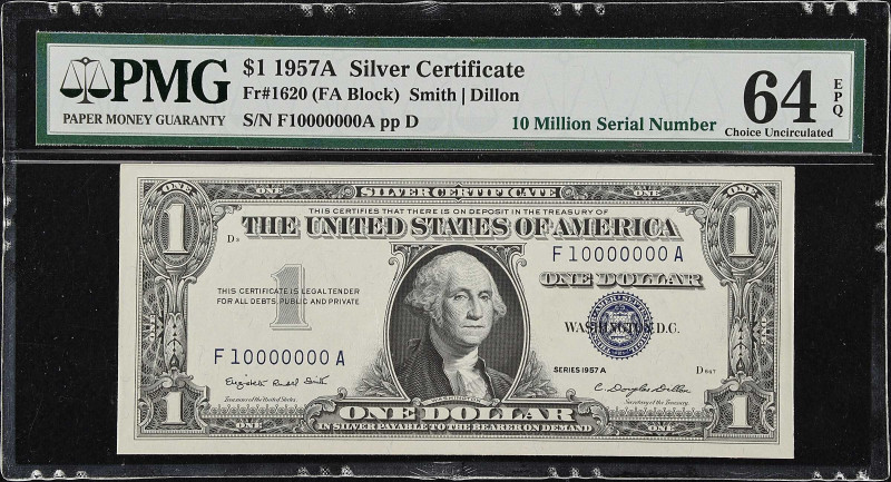 Fr. 1620. 1957A $1 Silver Certificate. PMG Choice Uncirculated 64 EPQ. Fancy Ser...