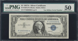 Fr. 1620. 1957A $1 Silver Certificate. PMG About Uncirculated 50. Fancy Serial Number.
As stated in the previous lot, only five ten million serial nu...