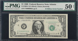 Fr. 1903-F. 1969 $1 Federal Reserve Note. Atlanta. PMG About Uncirculated 50 Net. Fancy Serial Number.
This wonderful note is an exact block letter a...