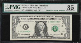 Fr. 3001-L. 2013 $1 Federal Reserve Note. San Francisco. PMG Choice Very Fine 35. Fancy Serial Number.
A lightly circulated note that looks like an A...